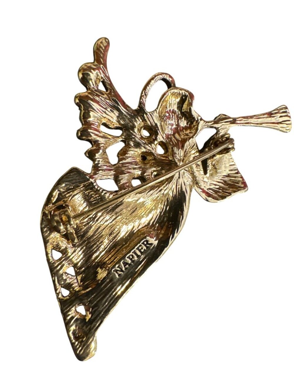 Vintage Napier Gold-Tone Angel Brooch With Clear Rhinestones Trumpet Pin Christm - Picture 5 of 5